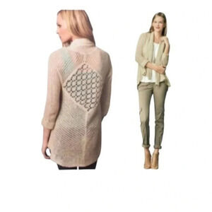 CAbi "Teacher's Pet" open swing front shawl collar crocheted cardigan beige sz M